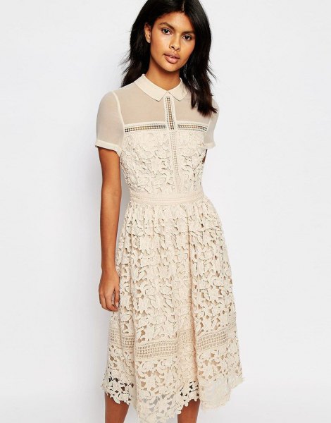 Cream-colored, semi-transparent lace midi dress with collar