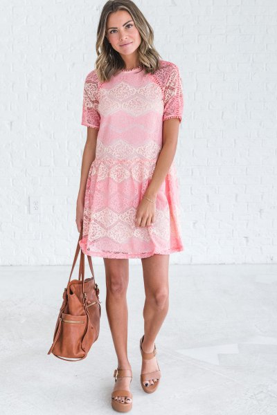 Cream-colored short-sleeved mini dress with pink platform sandals