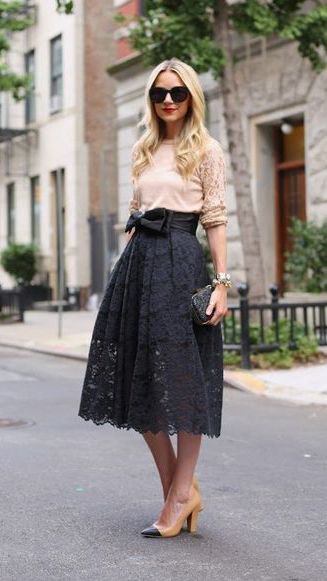 cream-colored lace skirt with a high waist