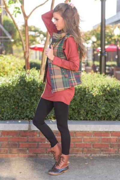 Crepe and green plaid vest over shirt dress
