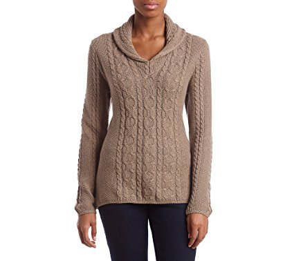 Sweater with a crepe cable knit shawl collar and black skinny jeans