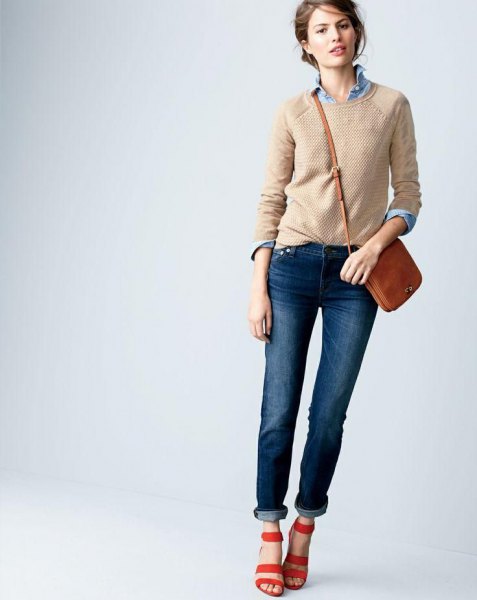 Crew-neck crepe sweater over chambray shirt