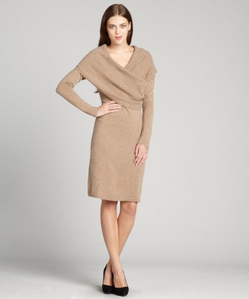 Cashmere dress with a crepe wrap collar
