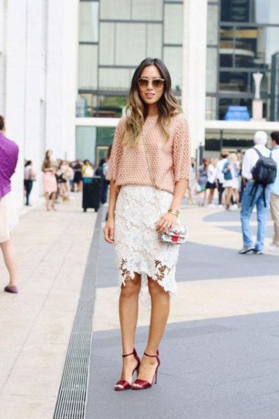 Crochet blouse with half sleeves and white midi lace skirt