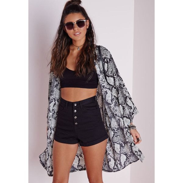Crop top with black button-facing high-rise shorts and printed kimono cardigan