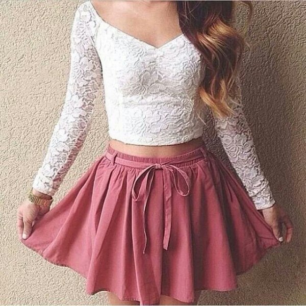cropped lace top blush pink skater mini skirt