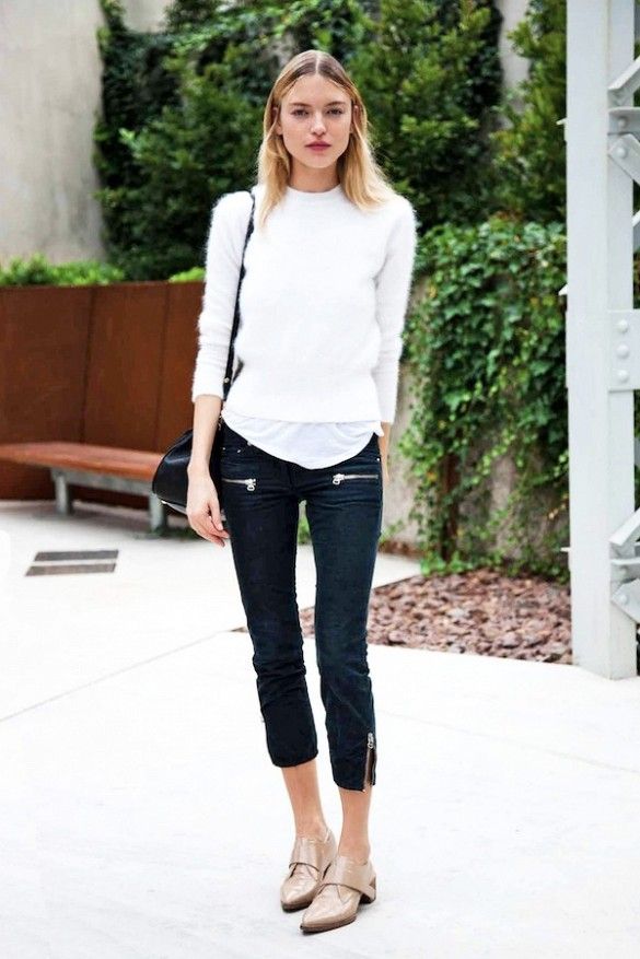 cropped sweater white t-shirt black capri pants