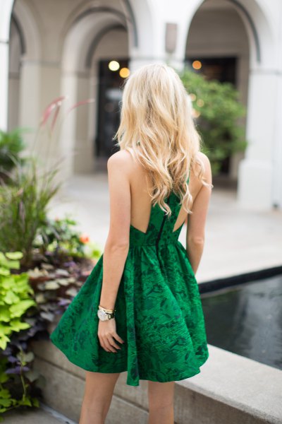 Neckline back lace green cocktail dress