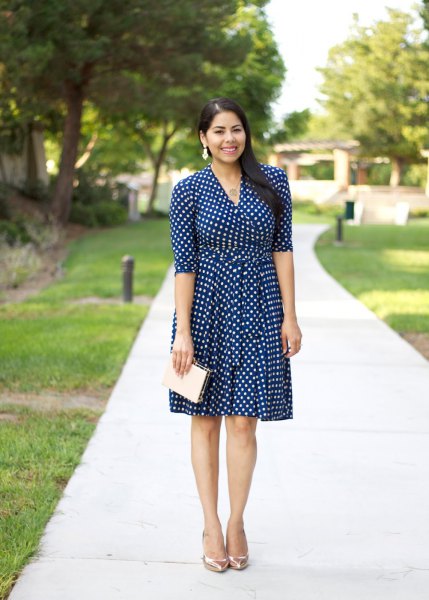 Dark blue and white fit and flared knee length dress with half sleeves