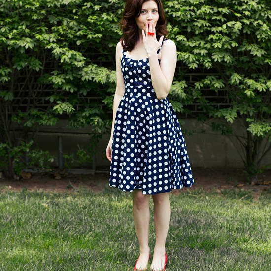 dark blue and white polka dot fit and flare midi dress