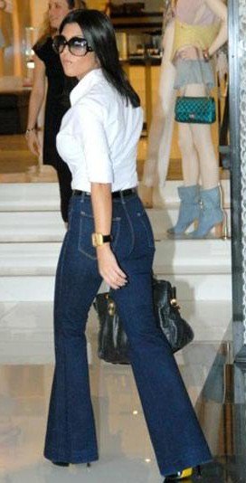 dark blue bell bottom jeans white shirt with button
