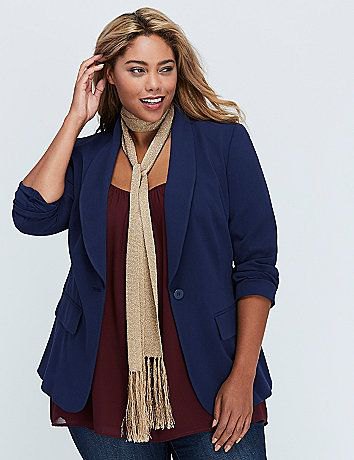 dark blue blazer with a golden sequin fringe scarf and skinny jeans