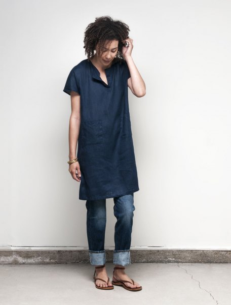 dark blue long denim tunic with jeans with cuffs