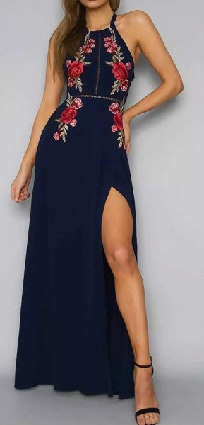 dark blue, floral printed halterneck maxi dress with high slit