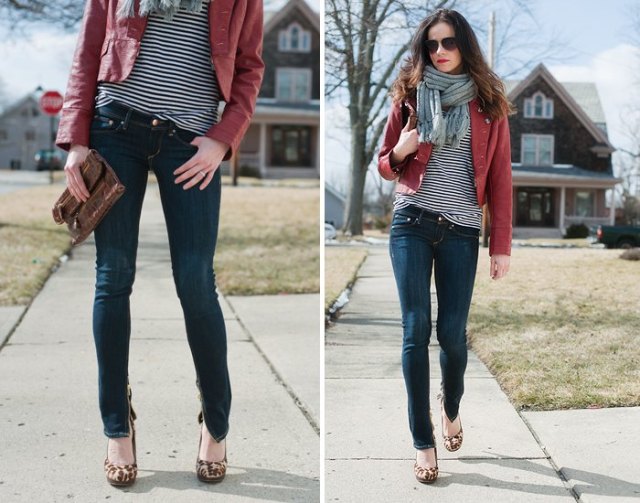 dark blue skinny jeans with ankle zip, brown leather jacket