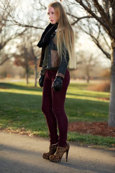 dark brown leather jacket with black corduroy drainpipe jeans