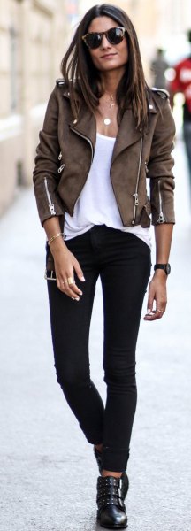 Dark brown suede biker jacket with a white tank top with a scoop neckline