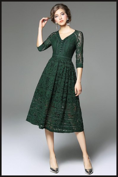 dark green lace dress with three-quarter sleeves