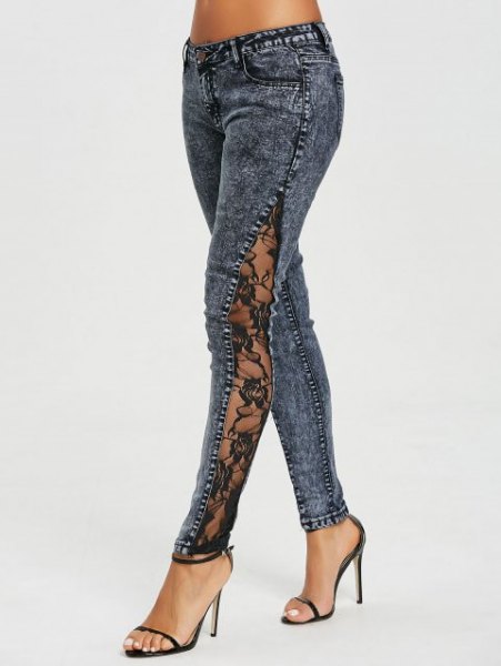 dark gray lace jeans with side slit and black, open toe heels