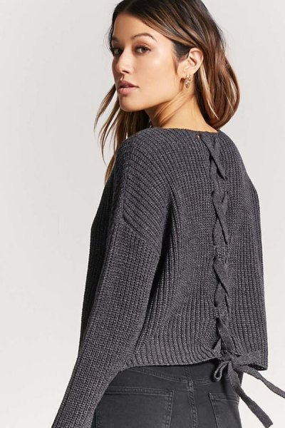 dark gray ribbed V-neck lace-up sweater