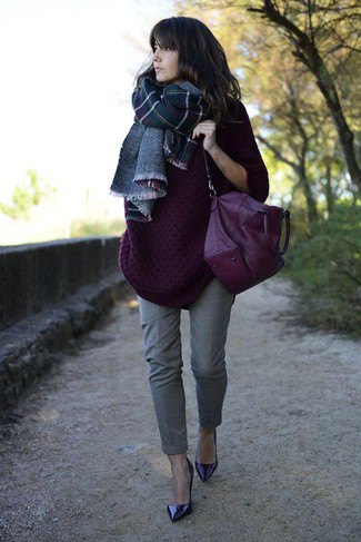 dark purple, chunky sweater with a checked wool scarf