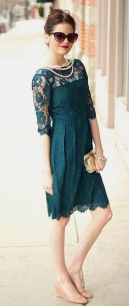 dark teal, strapless, knee-length lace dress