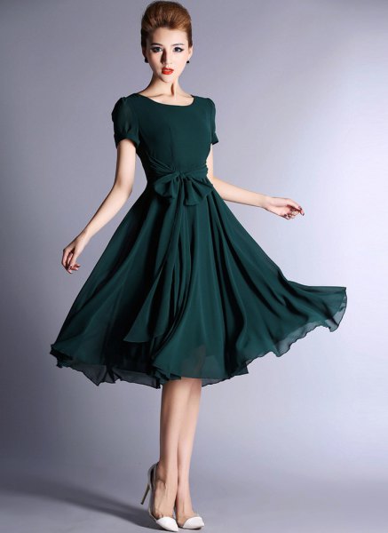 dark blue-green short-sleeved midi chiffon dress