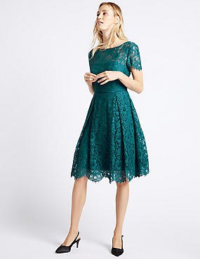 dark, blue-green, short-sleeved midi lace dress