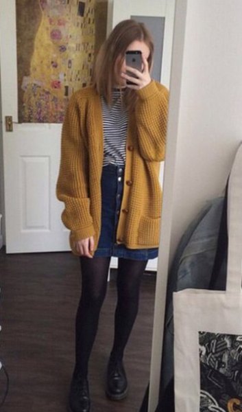 dark yellow, ribbed, oversized cardigan with mini skirt with jeans button on the front