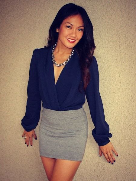 deep blue blouse with gray wool mini skirt