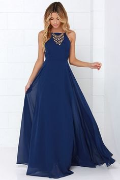 deep blue chiffon maxi flared dress