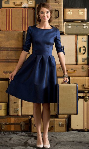 deep blue knee-length party dress with half sleeves