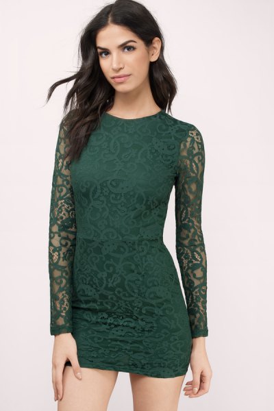deep green, long-sleeved, figure-hugging mini dress made of lace