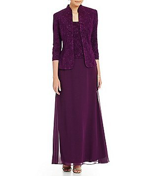 Long dress made of deep purple chiffon with a matching slim fit blazer