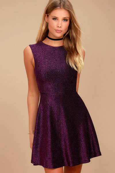 deep purple sleeveless fit and flare mini dress with black collar