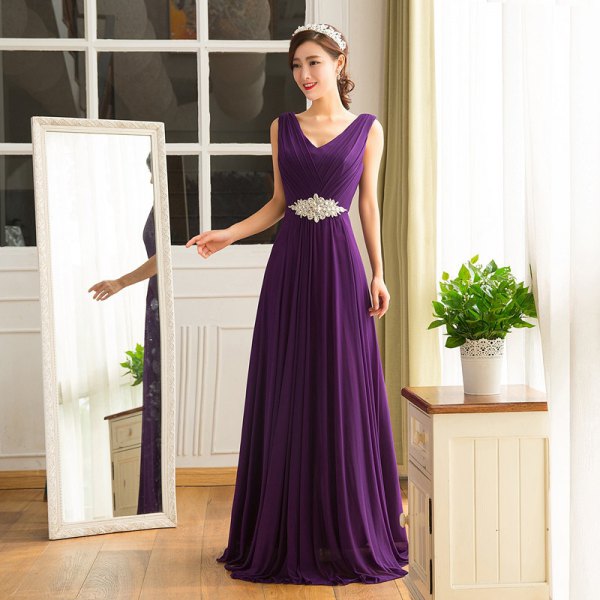 deep purple floor-length long dress with V-neckline and belt sleeves