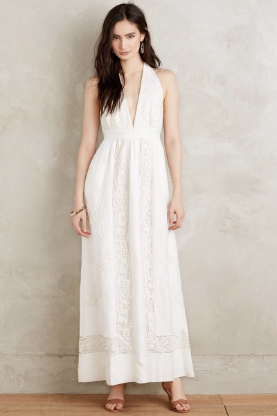 deep white boho maxi dress with V-neck