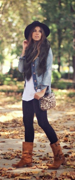 Denim jacket camel wide boots in the middle of the calf
