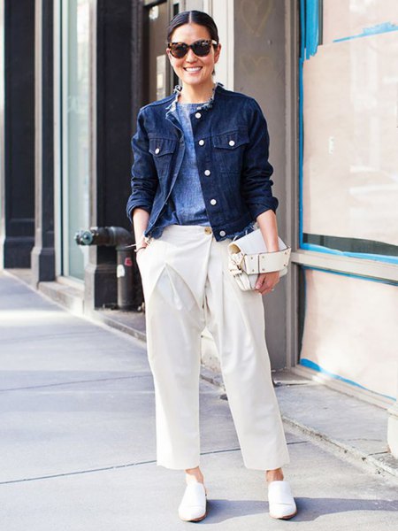 Denim jacket white pants with wide legs