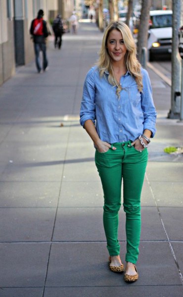 Denim shirt green skinny jeans cheetah shoes