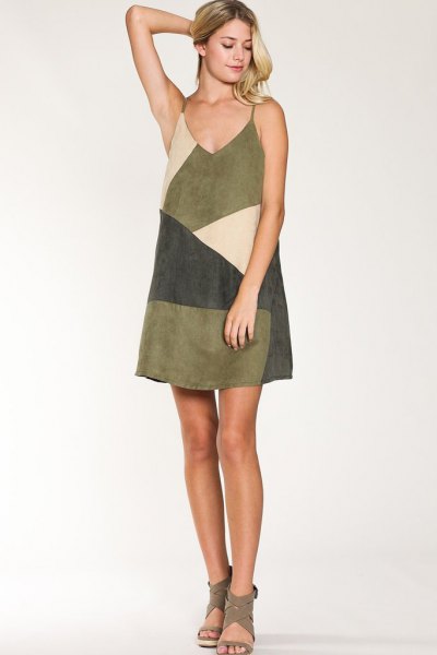 Diagonal color block suede slip dress