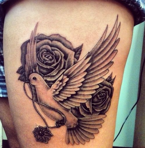 Dove with a rose tattoo on the back