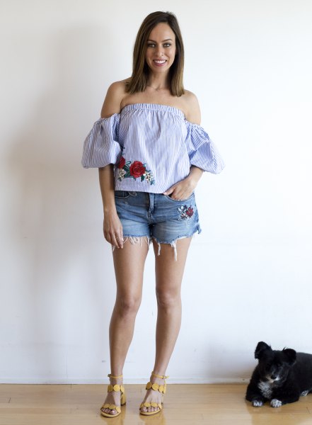 embroidered denim shorts blue and white striped shoulder blouse