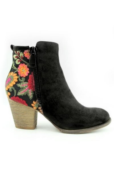Block Heel Faux Suede Floral Embroidered Booties-Bla
