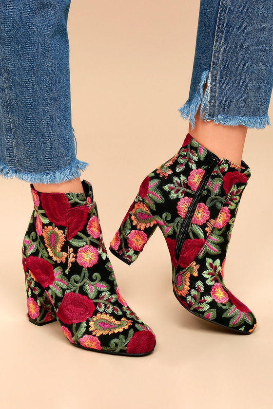 Chic Floral Embroidered Booties - Black Ankle Booties - Lul