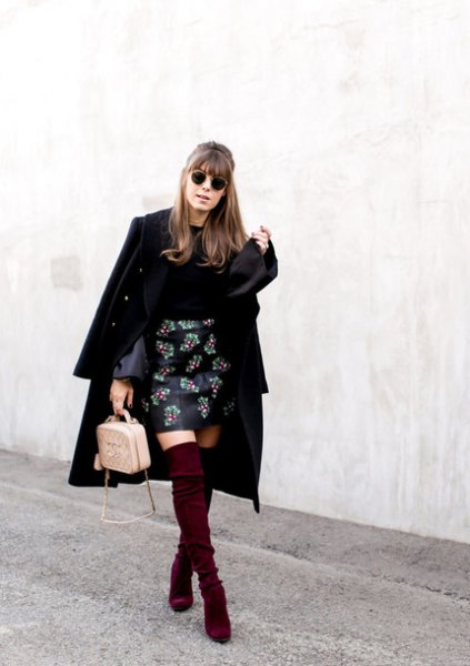 embroidered leather skirt black long wool coat