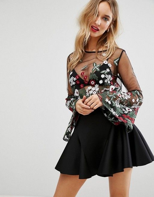 embroidered mesh top a line skirt