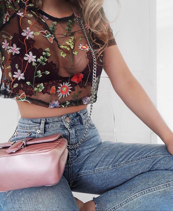 embroidered mesh top jeans with high waist and soft pink pocket