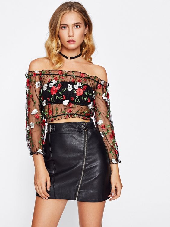 shoulder embroidered mesh top leather skirt 