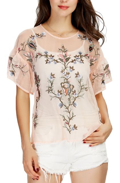 Dinah' floral embroidered mesh top features short ruffle sleeve .